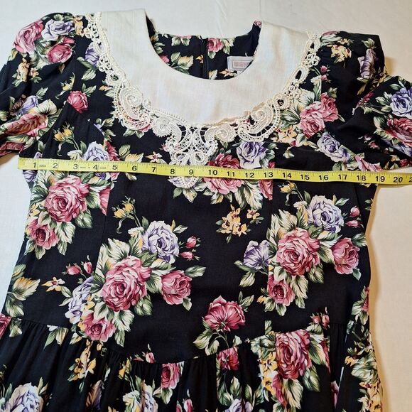 Lisa Petites Vintage 80s Black Floral Lace Bib Collared Neck Midi Dress Size 14 - Picture 4 of 11